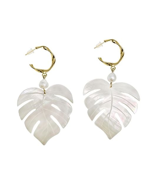 Farra White Leaves Shaped Shell With Pearls Chunky Earrings