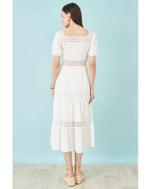 Yumi' White Cotton Square Neckline Lace Midi Dress