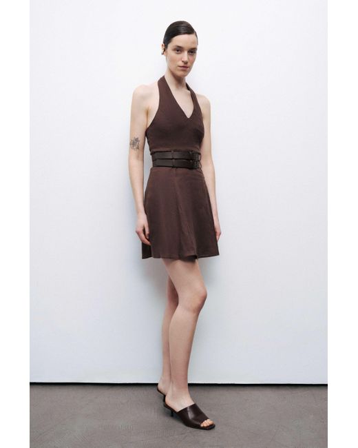 Nocturne Brown Double Belt Detailed Mini Dress