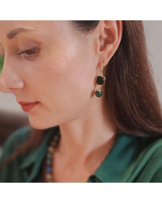 Farra Green Square Obsidian With Malachite Earrings