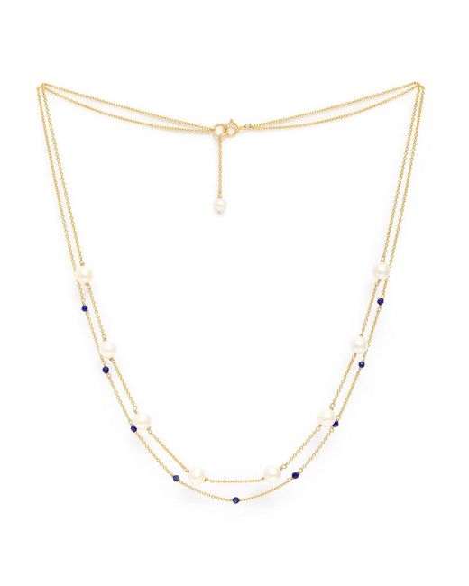 Pearls of the Orient Online Metallic Credo Fine Double Chain Necklace With Cultured Freshwater Pearls & Lapis Lazuli