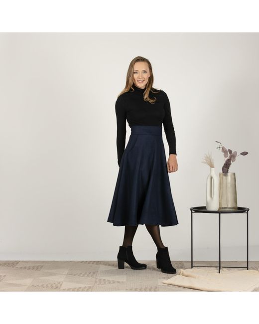 Nikka Place Blue Dark Wool Skirt Below The Knee With High Waist & Pockets