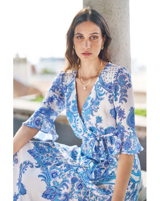 Yumi' Blue Paisley Wrap Maxi Dress