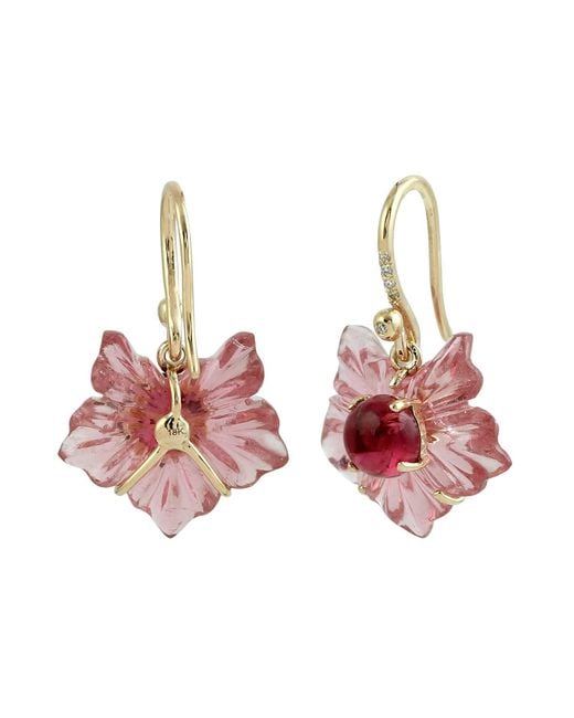 Artisan Red Carved Tourmaline Flower Earrings With Diamond