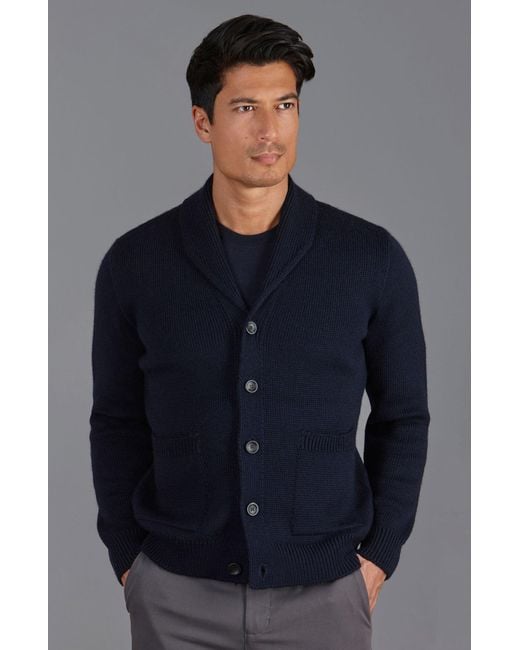 Paul James Knitwear Blue Chunky Merino Wool Marello Shawl Collar Cardigan for men
