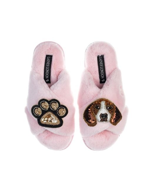 Laines London Pink Classic Laines Slippers With Beagle & Paw Brooches