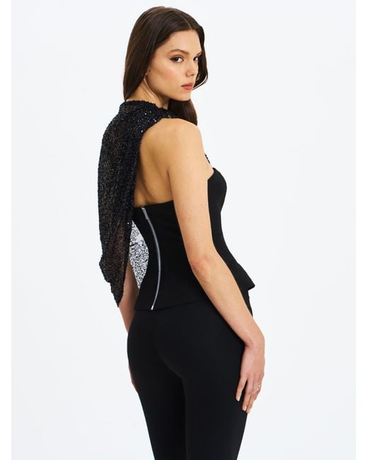 Miss Circle New York Black Quinette Peplum Top With Beaded Asymmetrical Cape