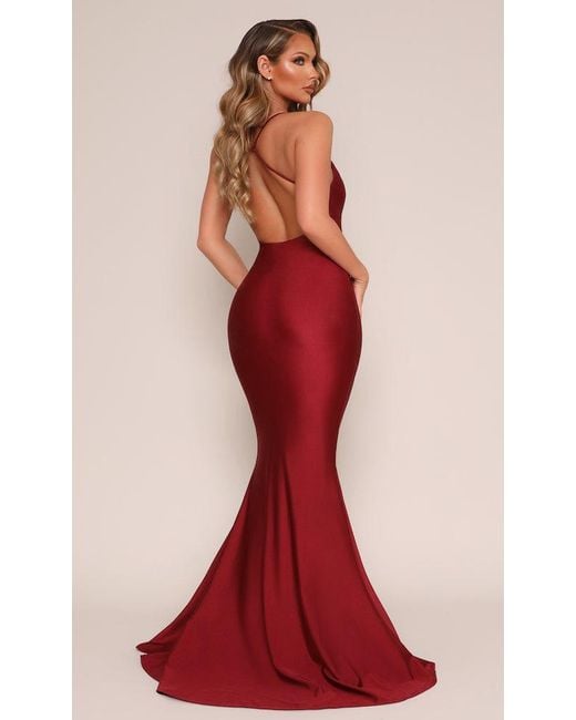 Moda Glam Red Jersey Draped Neck Gown- Cabernet