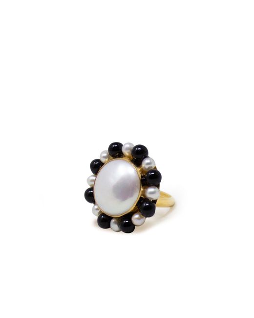 Vintouch Italy Black Lotus Gold-plated Pearl And Onyx Ring
