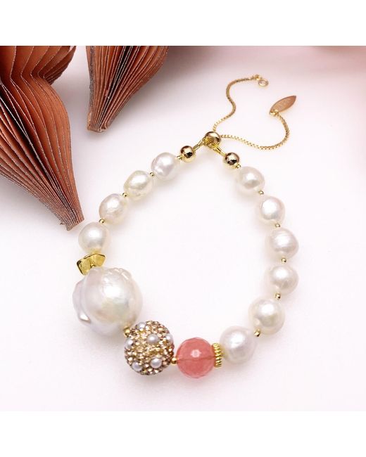 Farra Multicolor Freshwater Pearls With Watermelon & Rhinestone Bracelet