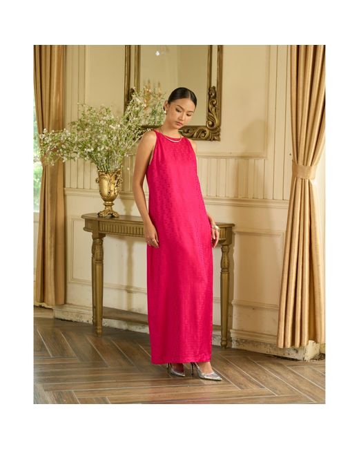 Silk and Bears Pink Aurora Fuchsia Damask Hand-Dyed Silk Jacquard Maxi Dress
