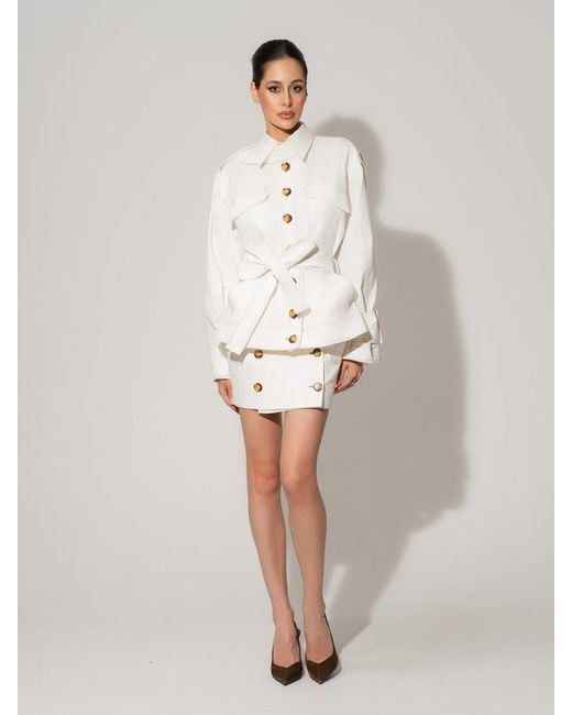 Tia Dorraine White Oversized Belted Trench Jacket & Mini Skirt Set