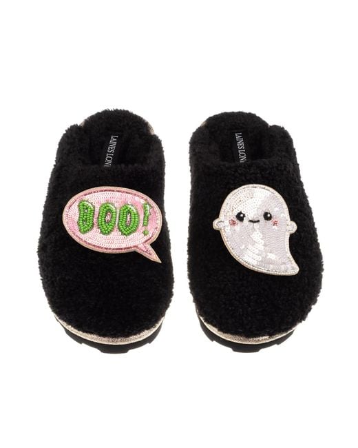 Laines London Black Closed Toe Slippers With Limited Edition Laines Lovables Boo The Ghost Halloween Brooches