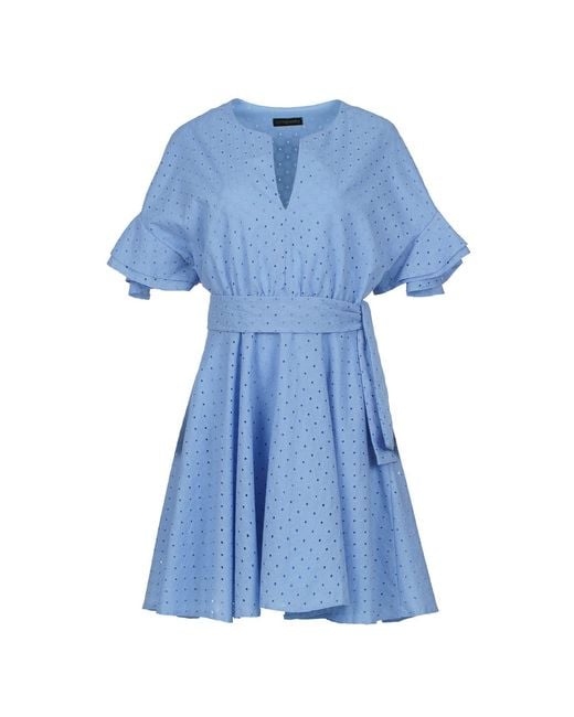 Conquista Blue Sky Embroidered Dress With Ruffle Sleeves