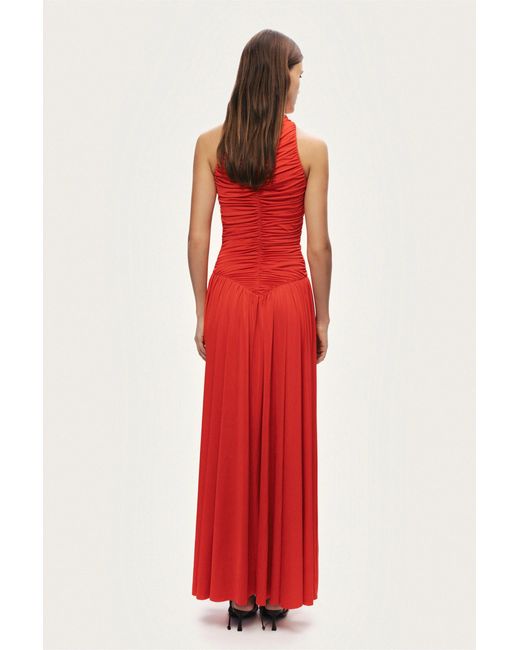 Nocturne Red Ruched High-Neck Maxi Dress