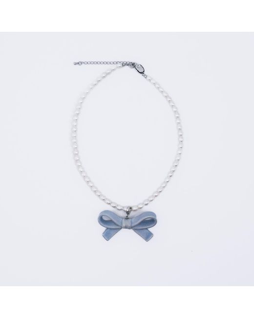 H2 Studio Blue Bowtie Maniac Medium Ribbon Bowtie Round Freshwater Pearl Necklaces Rock