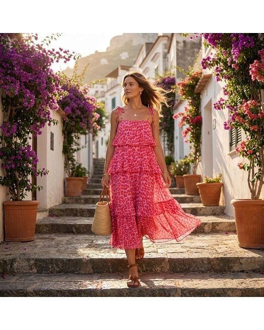 LAtelier London Pink Leopard Print Tiered Maxi Dress