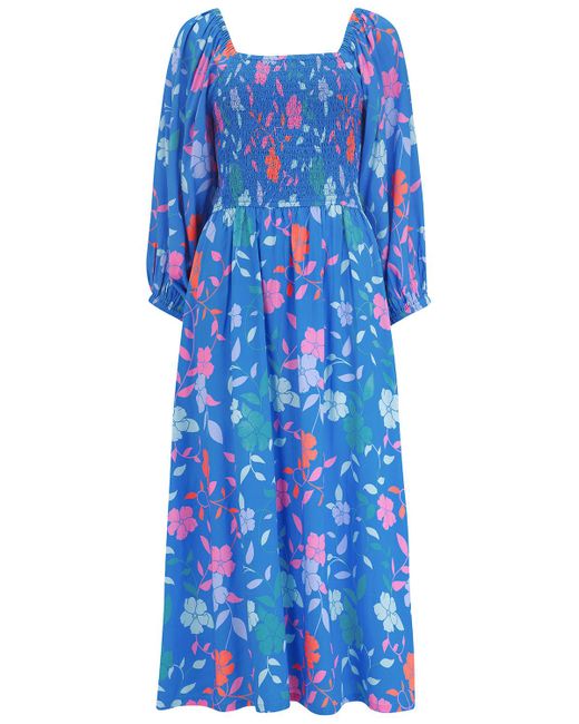 Sugarhill Blue Raquel Midi Shirred Dress , Rainbow Floral Vine