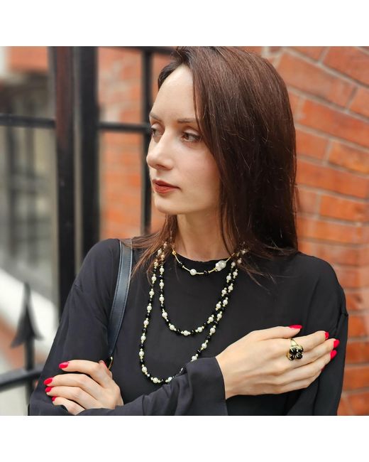 Farra Black Agate With Zircon Statement Adjustable Ring