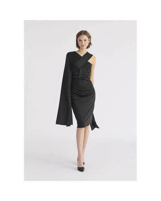 Paisie Black Asymmetric Draped Cape Sleeve Dress