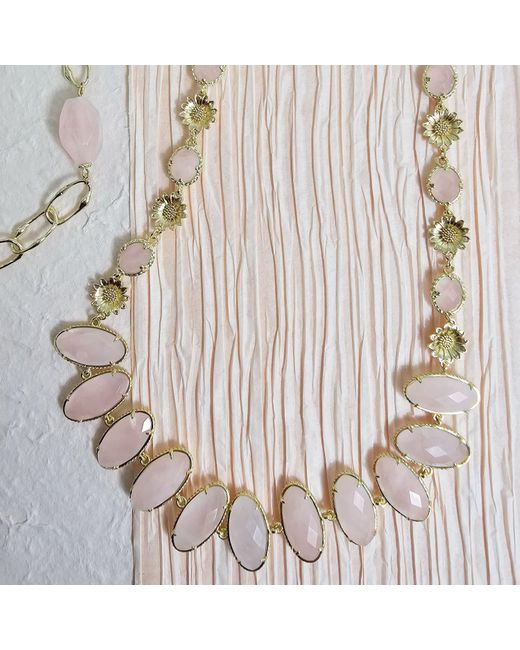 Farra Natural Rose Quartz With Flower Chain Statement Necklace