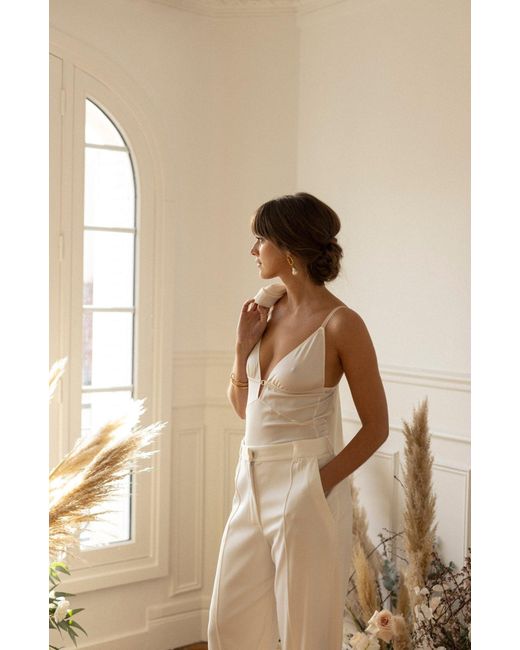 SAETA Paris Blue Neutrals Satin Silk & Jewelry Bodysuit