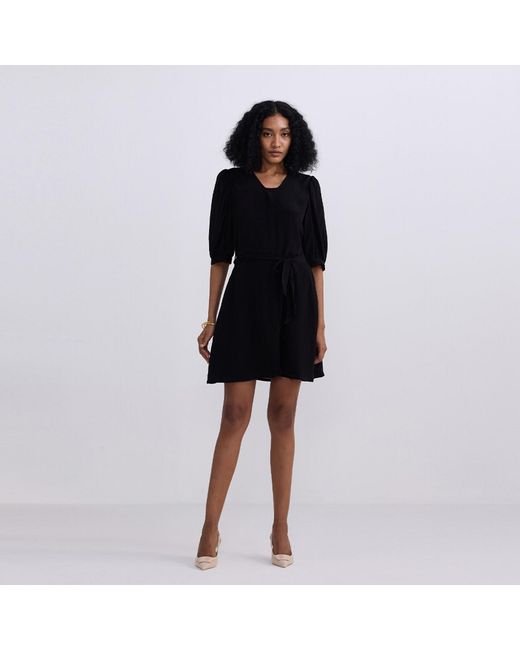 REISTOR Black Short Crepe Dress With A Waist-Tie