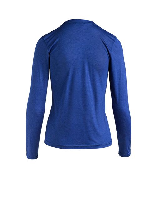 Conquista Blue Cashmere Blend Long Sleeve Faux Wrap Top In Stretch Jersey Sustainable Fabric