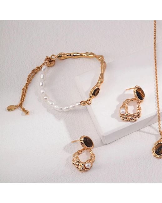 Angel Barocco Metallic Tiger Eye & Pearl Sculptural Drop Earrings – Vermeil