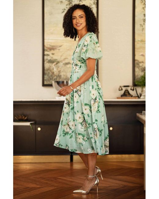 Yumi' Green Mint Floral Tea Dress With Front Ties