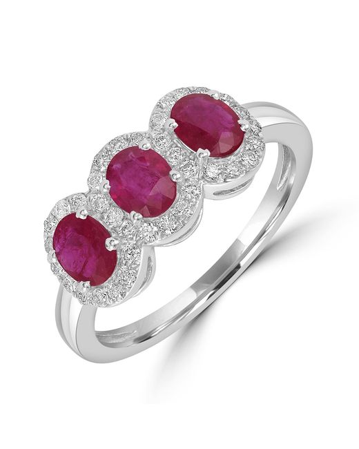 Artisan Purple Three-Stone Ruby & Diamond Halo Ring