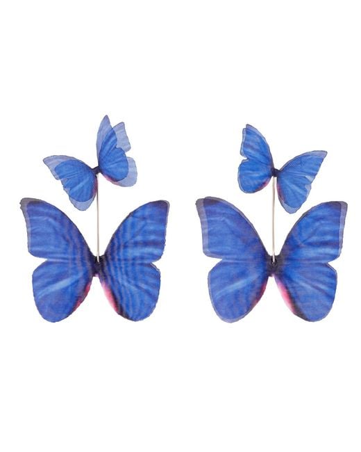 Oana Savu Blue Dark Silk Butterfly Earrings Sterling Statement Dangle Ear Wires
