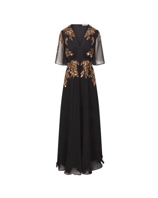 Hope and Ivy Black The Shay Plunge Front Embellished Maxi Dress With Flutter Sleeve