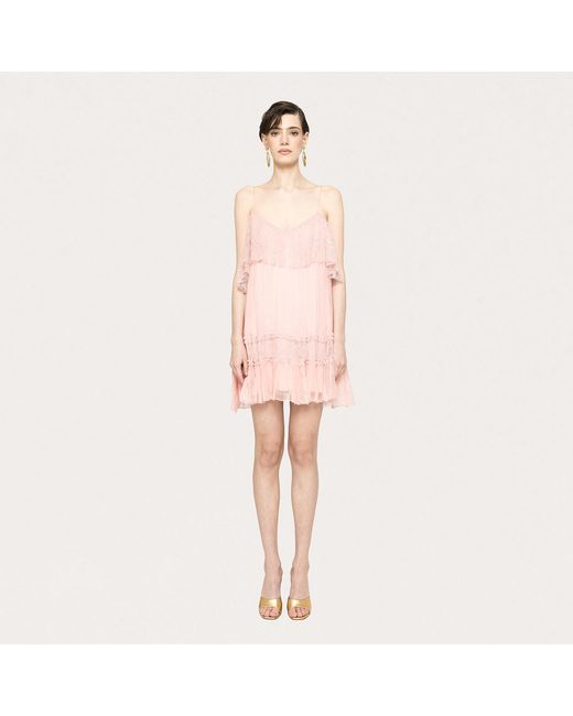 Nissa Pink Lace Detail Silk Dress