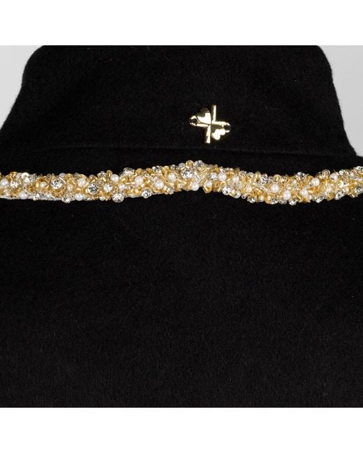 House of Laines London Black Laines Couture Wool Blend Cape With Embellished Wrap Pearl & Crystal Snake