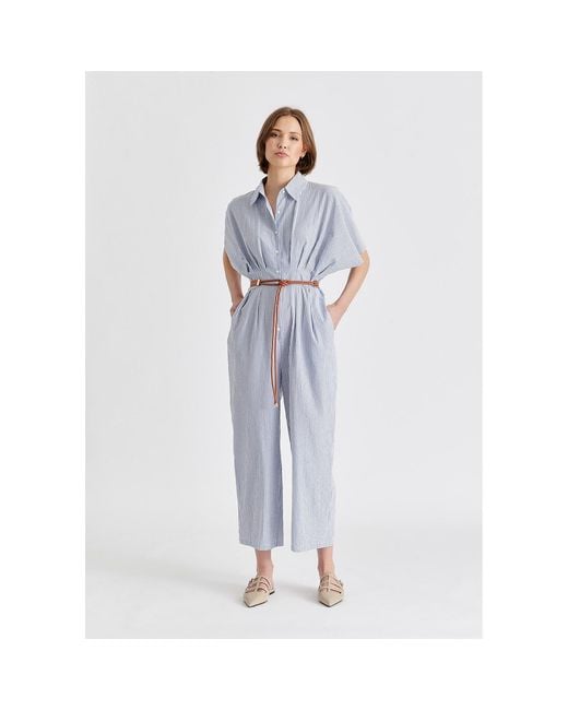 Paisie Blue Striped Jumpsuit With Waist Pleats