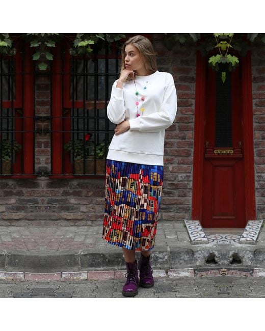 Lalipop Design Blue Multi-Color Pleated Maxi Skirt With House Pattern