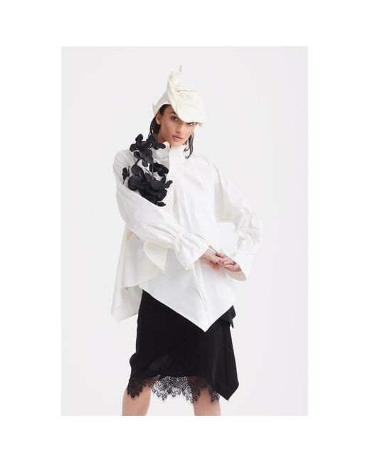 Julia Allert White High Neck Draped Cotton Blouse