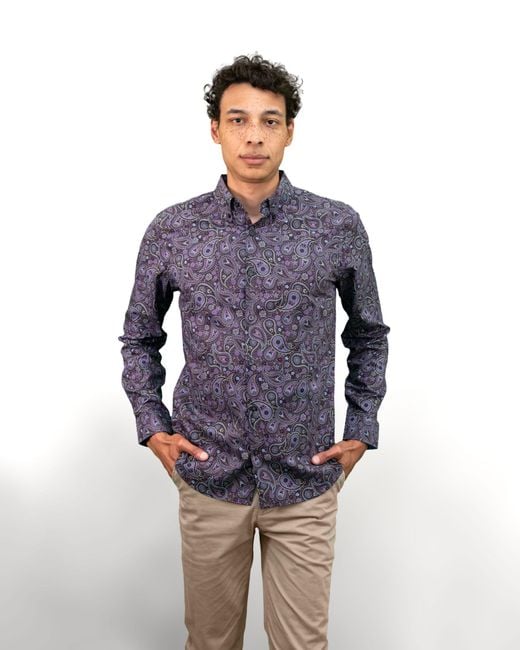Lords of Harlech Blue Paisley Cotton Stretch Button-Down Shirt for men