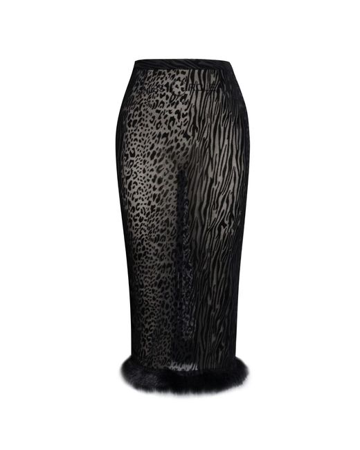 Miss Circle New York Black Halia Animal Print Burnout Velvet Fur Trim Skirt