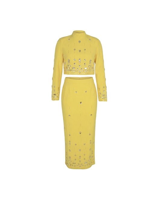 Modenaire Yellow Crystal Embellished Crop Top And Midi Skirt Co-Ord Set