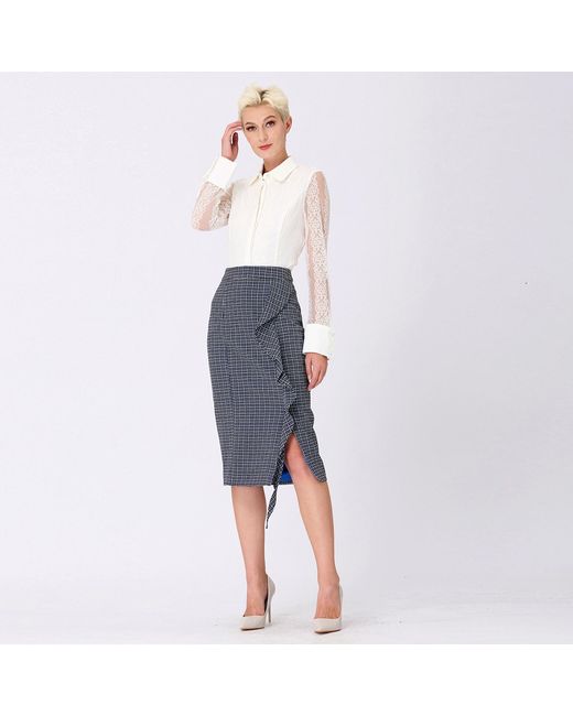Smart and Joy Blue Micro Tartan Ruffle Pencil Skirt