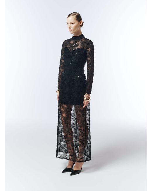 Sour Figs Black Floral Embroidered Sequin Mesh Evening Dress