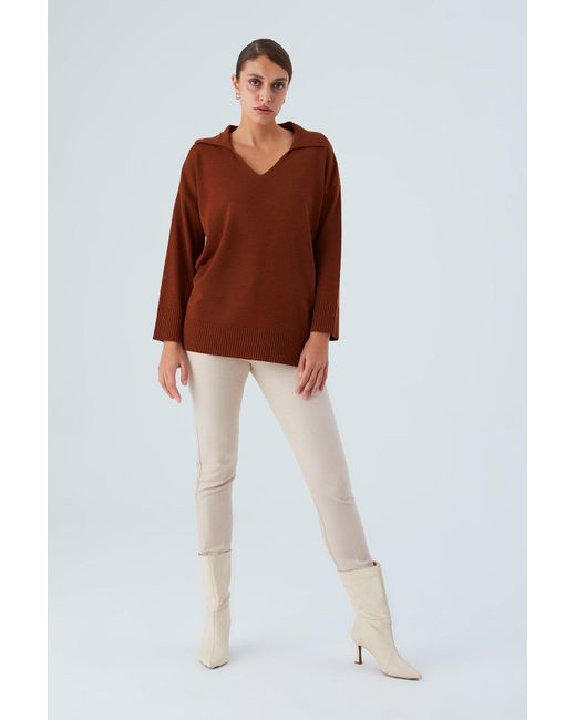 Peraluna Brown Polo V Neck Wide Sleeve Loose Fit Knit Pullover