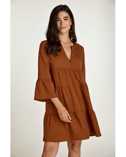 Conquista Brown Chocolate Tencel Gathered Seams Dress