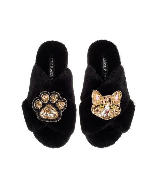 Laines London Black Classic Laines Slippers With Tabby The Ginger Cat & Paw Brooches