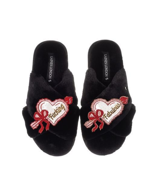 Laines London Black Classic Laines Slippers With Fucking Fabulous Hearts Brooches