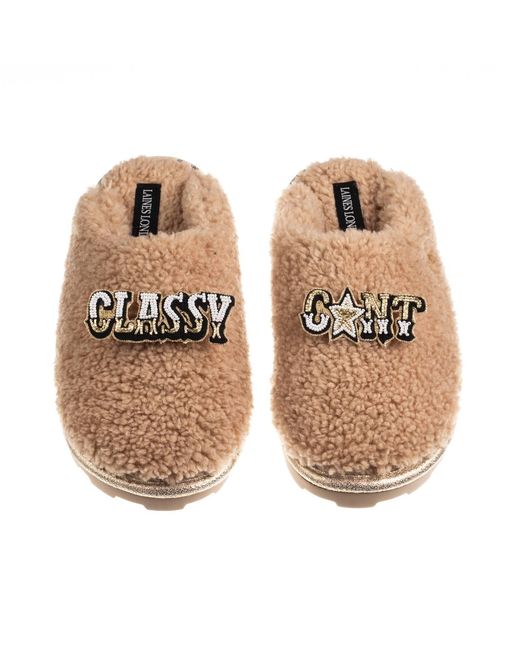 Laines London Metallic Neutrals Teddy Closed Toe Slippers With Classy Cunt Brooches