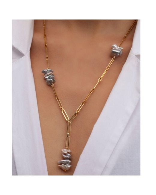 LINYA JEWELLERY Metallic Grez Pearl Long Chain Lariat Necklace