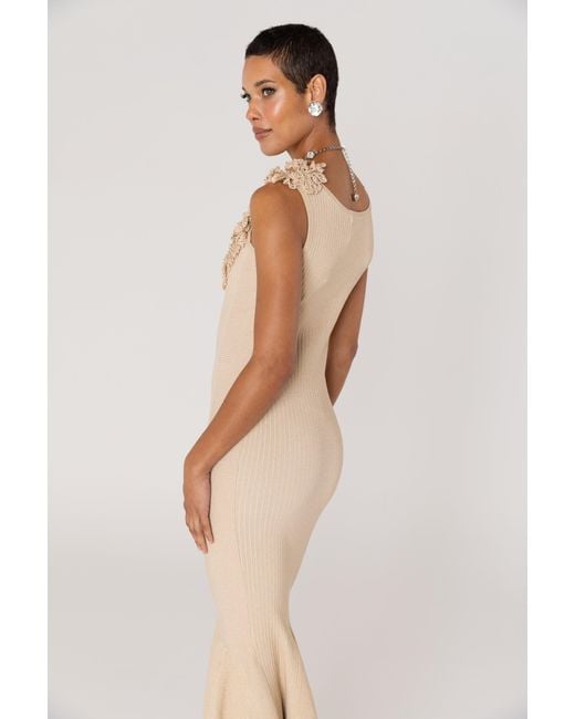 Andreeva Natural Neutrals Chrysanthemum Metallic Knit Dress With Handmade Emroidery